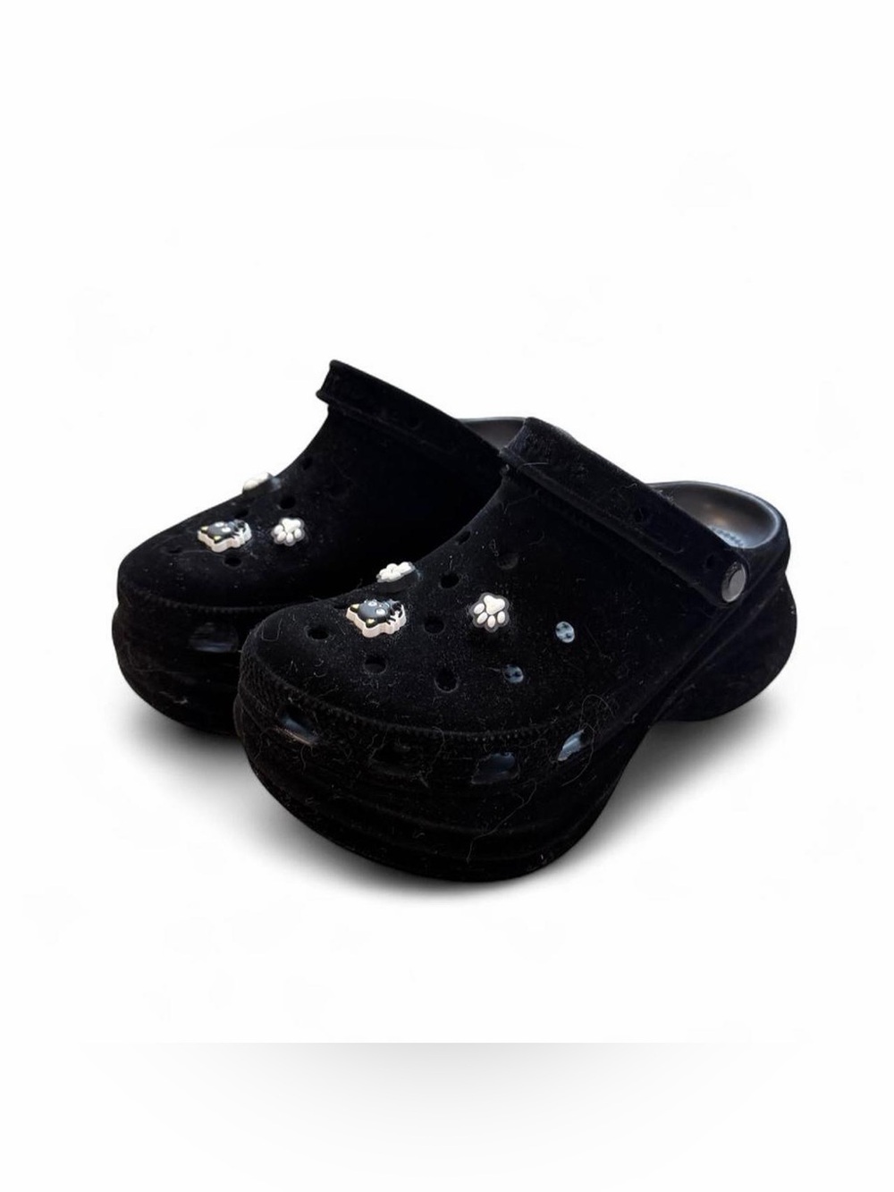 Black Velvet Clog Shoes with Paw and Kitty Charms